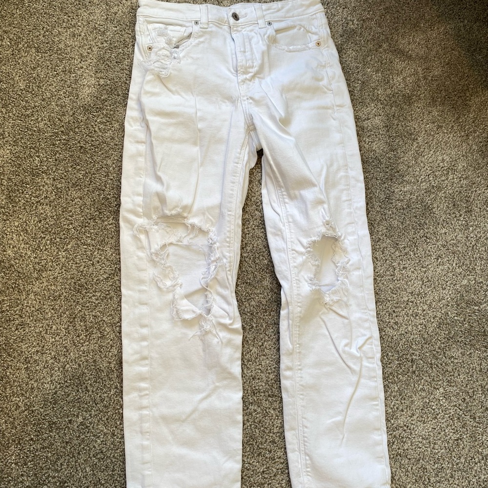 American Eagle Outfitters White Distressed Straight Leg Jeans